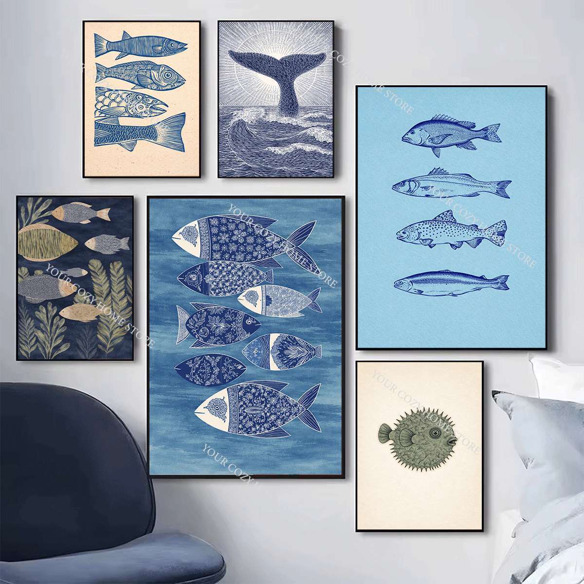 미니멀리스트 해양 물고기와 파도 아트 포스터 파란색과  - Interior Design Living Room 리뷰 및 가격